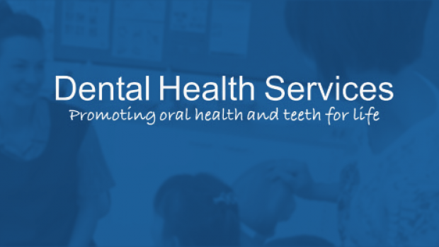 Blurred dental scene with the phrase "Dental Health Services - Promoting oral health and teeth for life".